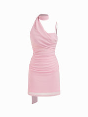 Mesh Asymmetrical Neck Ruched Mini Dress With Scarf
