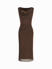 Mesh Cowl Neck Beaded Ruched Maxi Dress