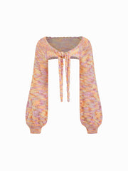 Knit Crochet Round Neckline Knotted Long Sleeve Crop Top