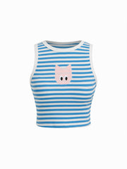 Cotton-blend Stripe Cat Graphic Round Neckline Crop Tank Top