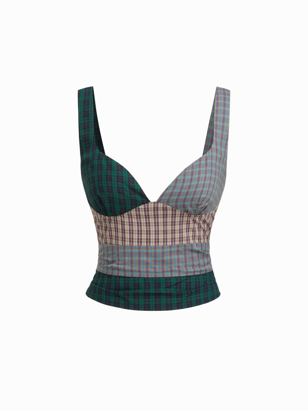 Cotton-blend Sweetheart Neck Tartan Patched Shirred Tank Top