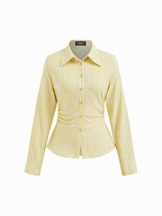 Cotton-blend Collar Plaid Ruched Long Sleeve Shirt