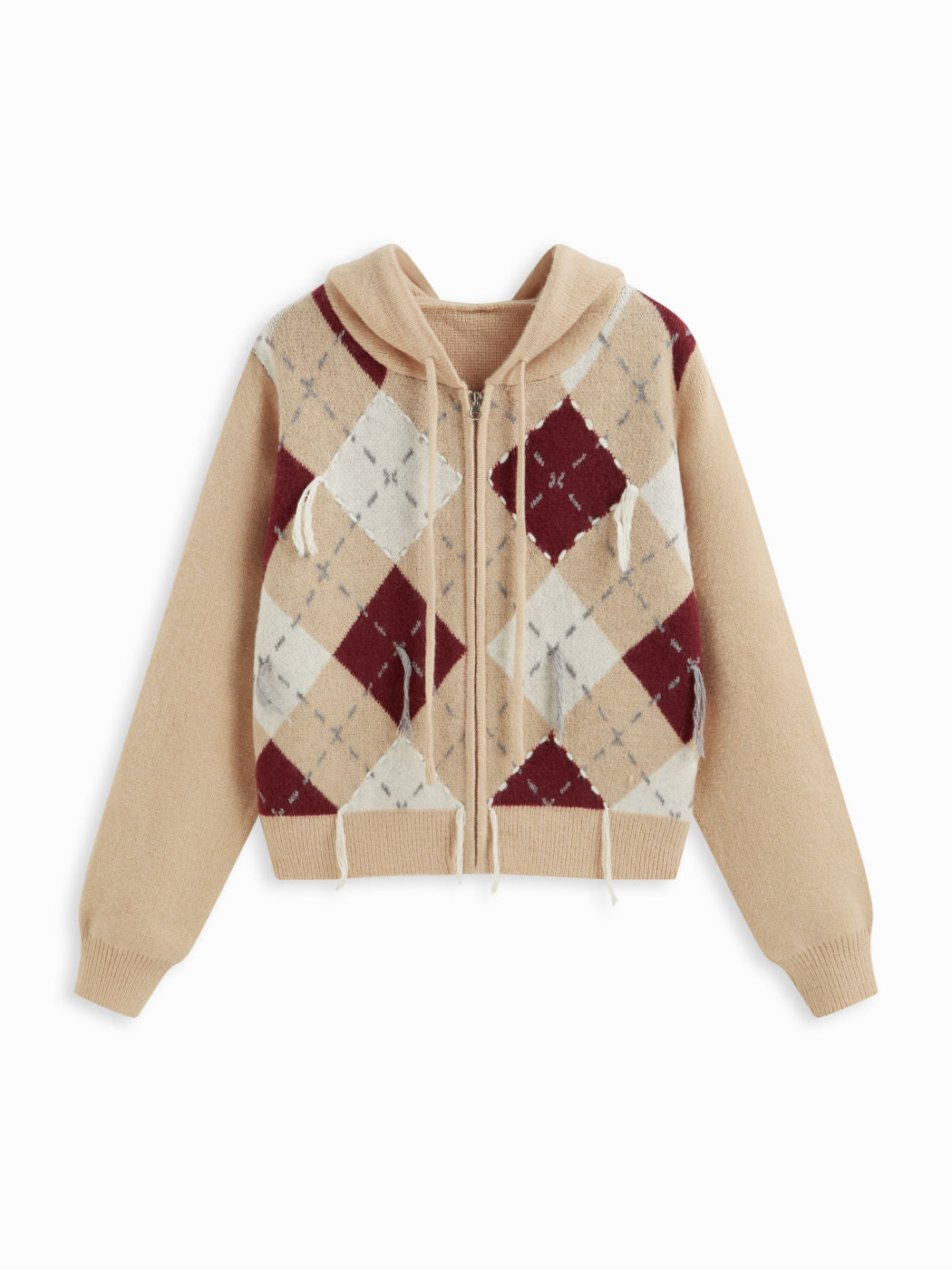 Knit Argyle Pattern Hooded Zip Through Cardigan