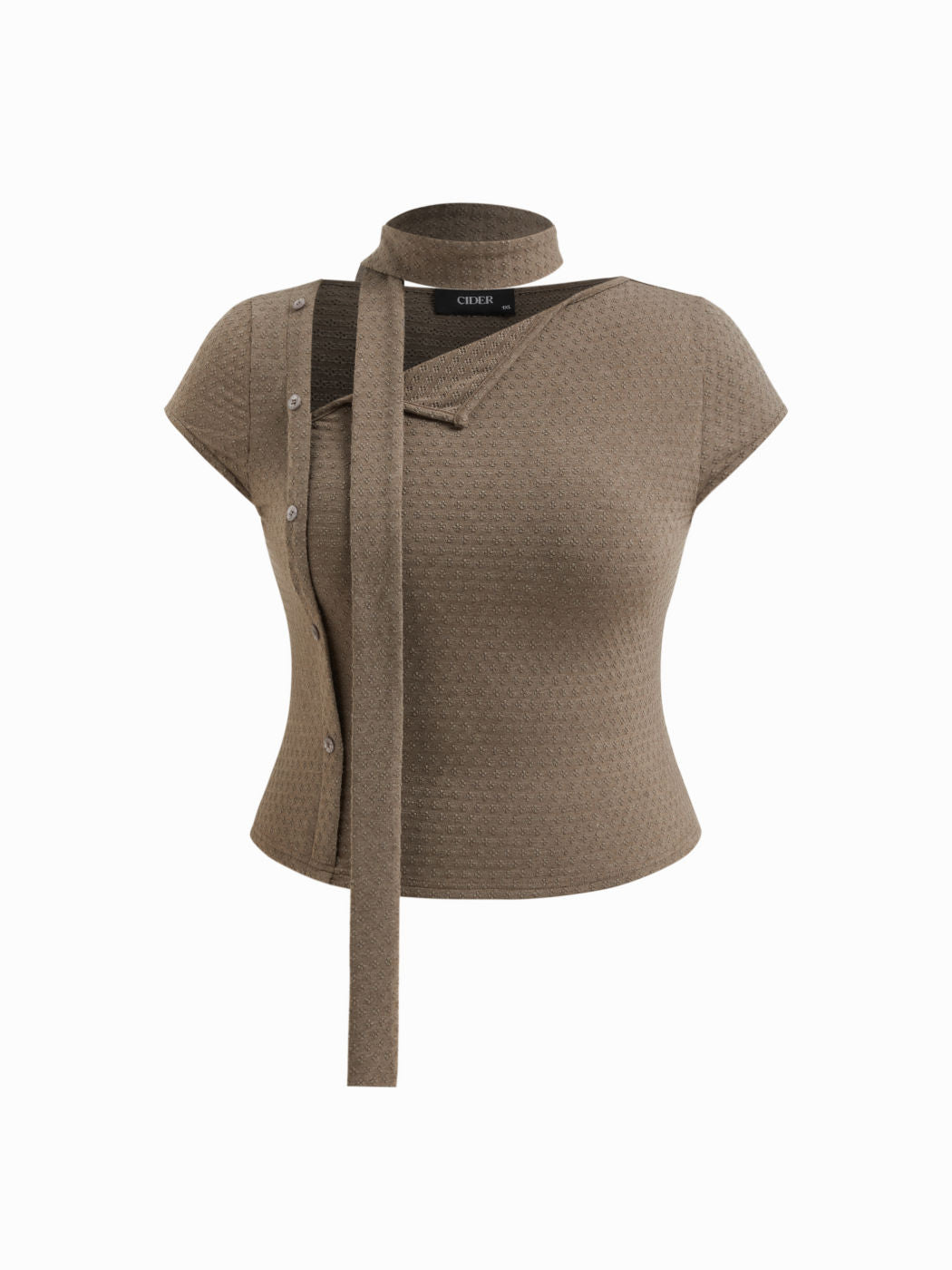 Asymmetrical Neck Texture Button Up Top With Scarf Curve & Plus