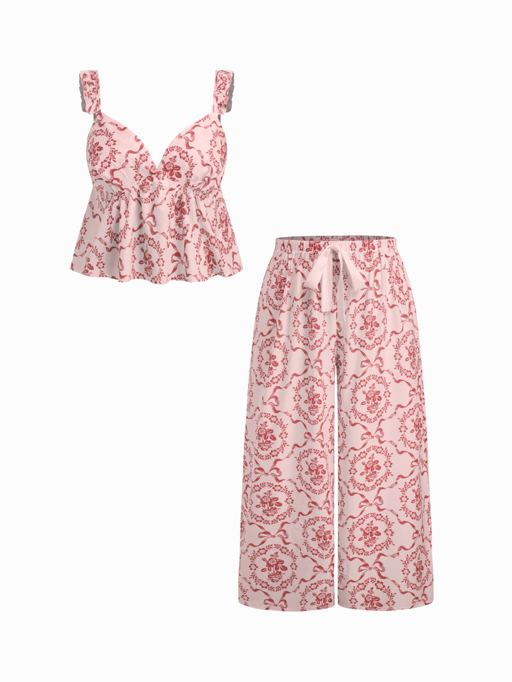 Sweetheart Floral Bowknot Cami Top & Mid Rise Drawstring Trousers Loungewear Set Curve & Plus