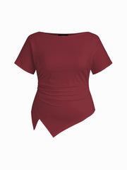 Cotton-blend Boat Neck Ruched Asymmetrical Hem Tee Curve & Plus