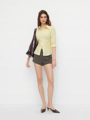 Cotton-blend Collar Plaid Ruched Long Sleeve Shirt