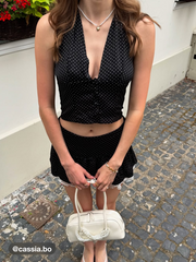 Halter V-neck Polka Dot Crop Top & Mid Rise Lace Trim Mini Skort Set