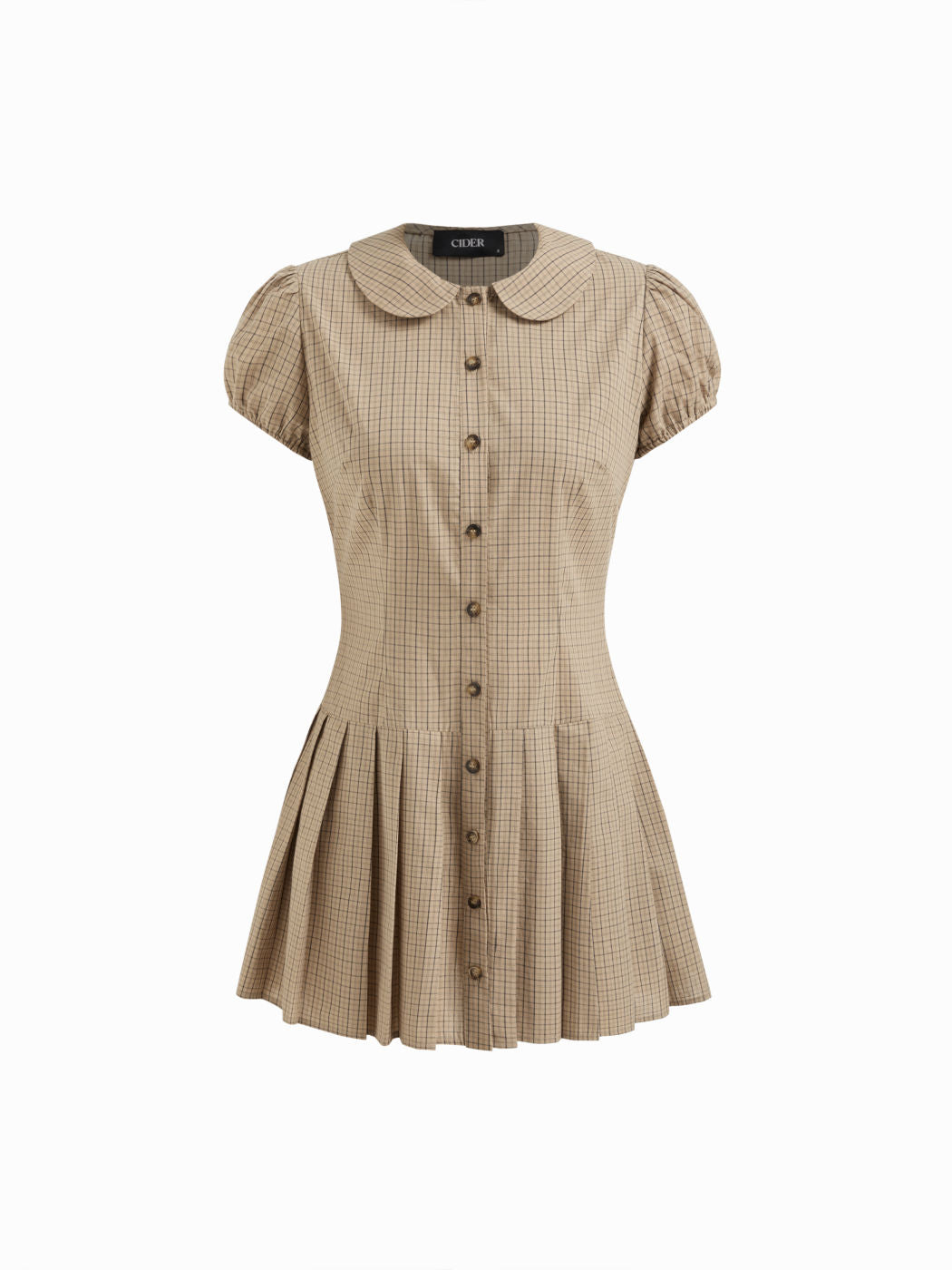 Cotton-blend Collar Plaid Pleated Mini Dress