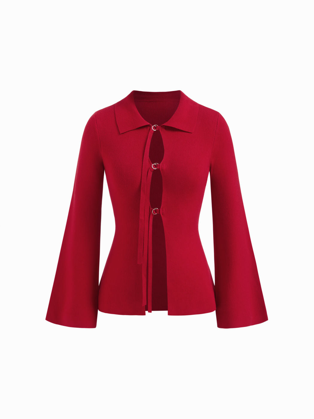 Knit Wool-blend Collar Bell Sleeve Belted Front Cut Out Top