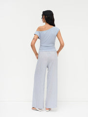 100% Cotton Off-shoulder Ruched Top & Mid Rise Stripe Elastic Waist Wide Leg Trousers Set