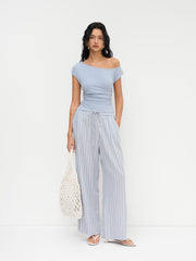 100% Cotton Off-shoulder Ruched Top & Mid Rise Stripe Elastic Waist Wide Leg Trousers Set