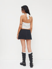 Cotton-blend Crop Halter Neckline Polka Dot Tie Front Top