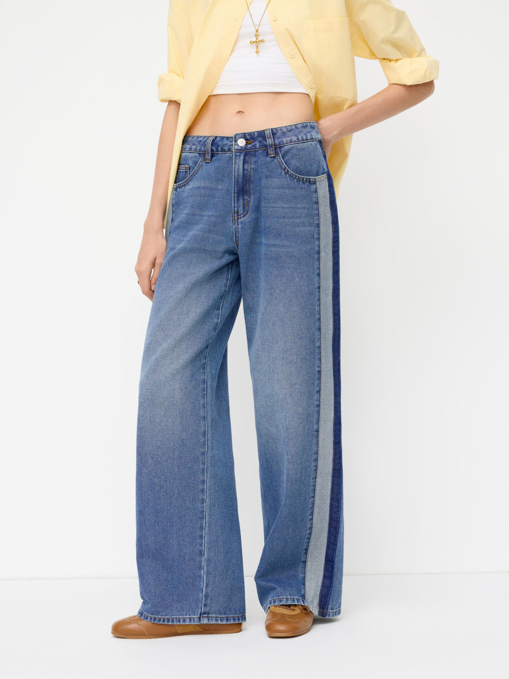 Denim Mid Rise Patched Straight Leg Jeans