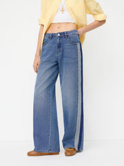 Denim Mid Rise Patched Straight Leg Jeans