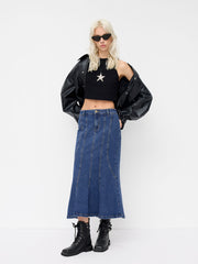Stretch Cider Denim Mid Rise Mermaid Maxi Skirt