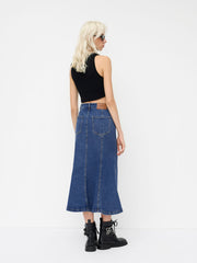 Stretch Cider Denim Mid Rise Mermaid Maxi Skirt