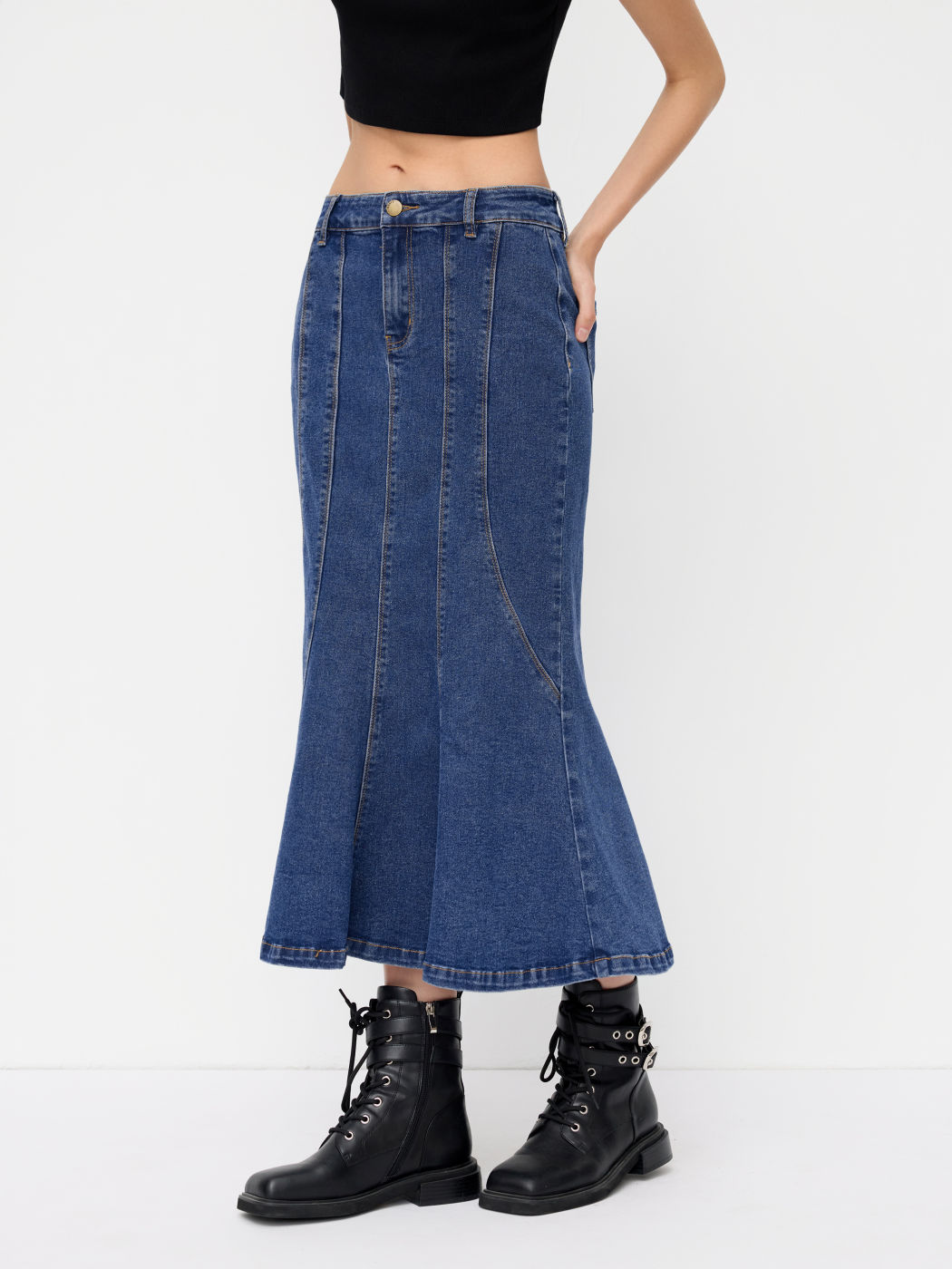 Stretch Cider Denim Mid Rise Mermaid Maxi Skirt