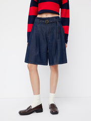 Denim Mid Rise Pleated Bermuda Jorts With Belt