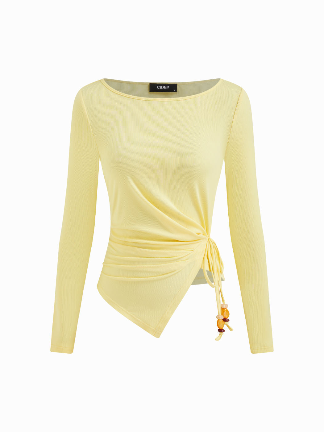 Boat Neck Beaded Ruched Hanky Hem Long Sleeve Top