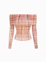 Mesh Plaid Off-shoulder Long Sleeve Ruched Top