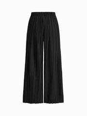 Mid Rise Elastic Waist Pleated Wide Leg Trousers