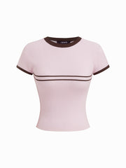 Knit Round Neckline Short Sleeve Contrasting Binding Top