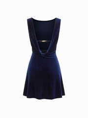 Velvet Boat Neck Ruched Backless Metal Detail Mini Dress