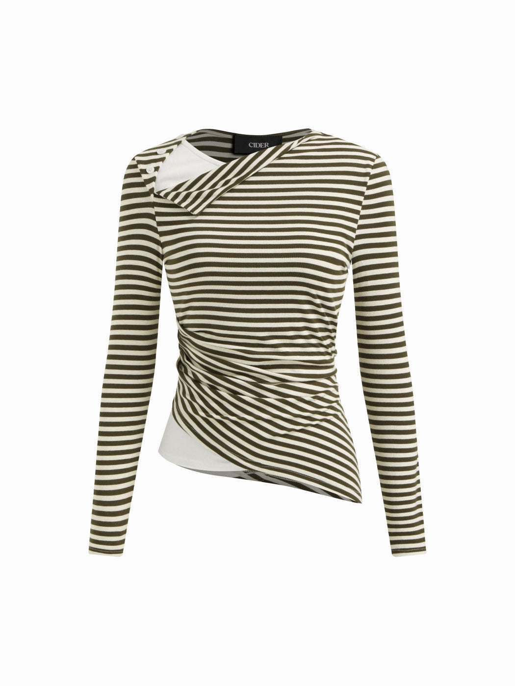 Stripe Asymmetrical Neckline Long Sleeve Ruched Tee
