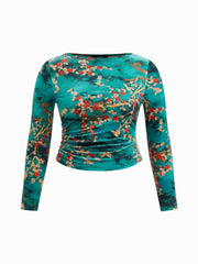 Velvet Boat Neck Floral Ruched Long Sleeve Top Curve & Plus