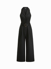 Collar V-neck Straight Leg Jumpsuit With Belt