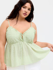 Cotton V-neck Broderie Anglaise Shirred Lettuce Trim Cami Top Curve & Plus