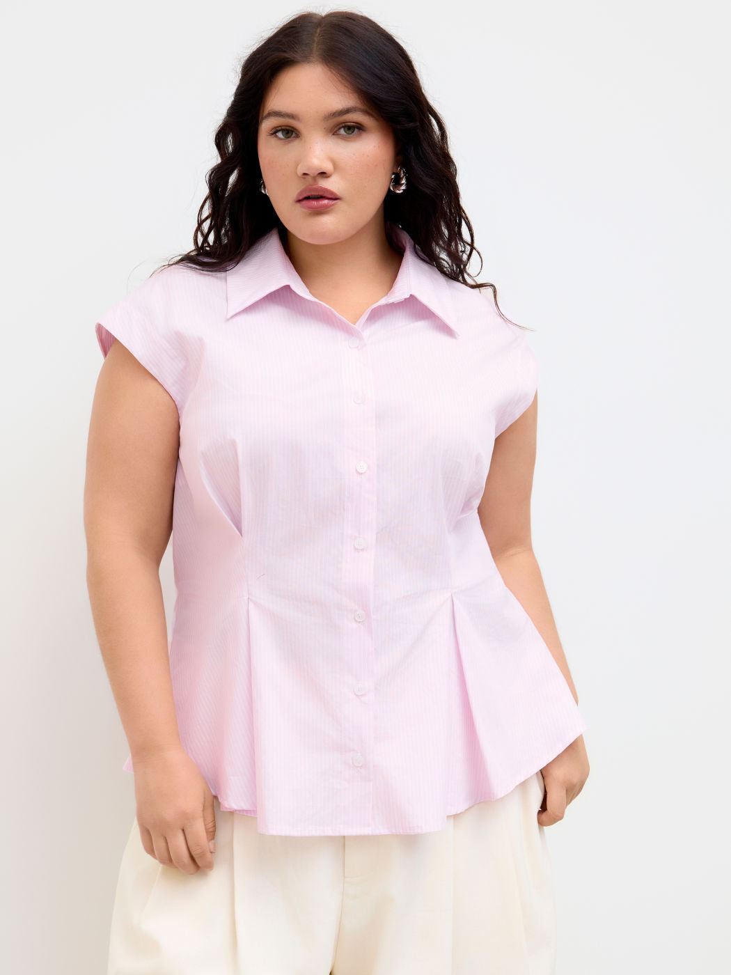 100% Cotton Collar Stripe Cinched Waist Shirt Curve & Plus