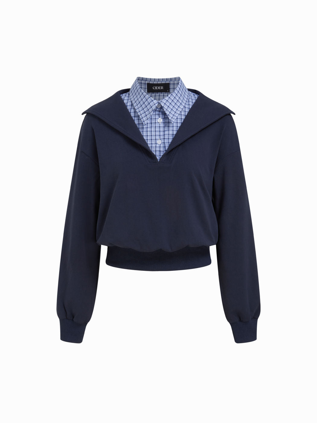 Cotton-blend Collar Two Tone Plaid Long Sleeve Sweatshirt