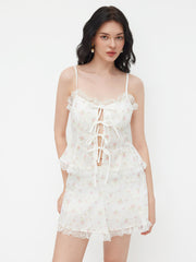 Sweetheart Floral Embroidery Tie Front Lace Trim Cami Top & Ruffle Shorts Set