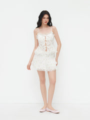Sweetheart Floral Embroidery Tie Front Lace Trim Cami Top & Ruffle Shorts Set
