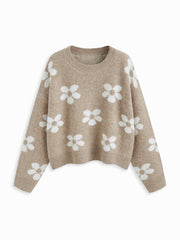 Knit Round Neckline Floral Sweater
