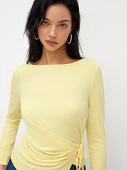 Boat Neck Beaded Ruched Hanky Hem Long Sleeve Top
