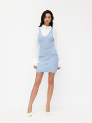 Knit V-neck Metal Button Detail Mini Dress
