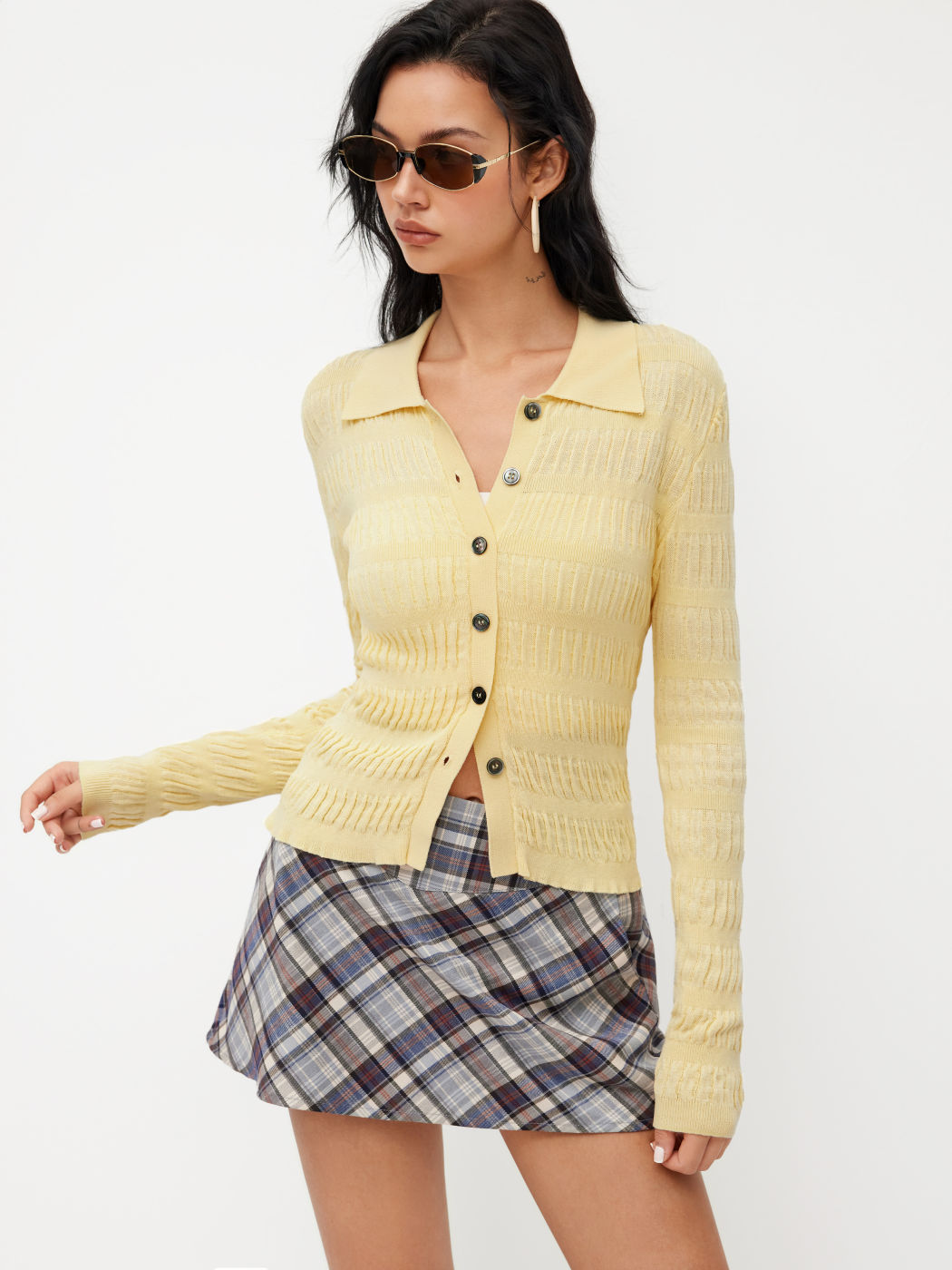 Knit Collar Ruched Button Up Cardigan