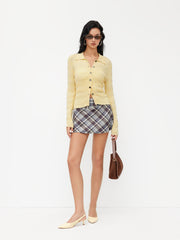 Knit Collar Ruched Button Up Cardigan