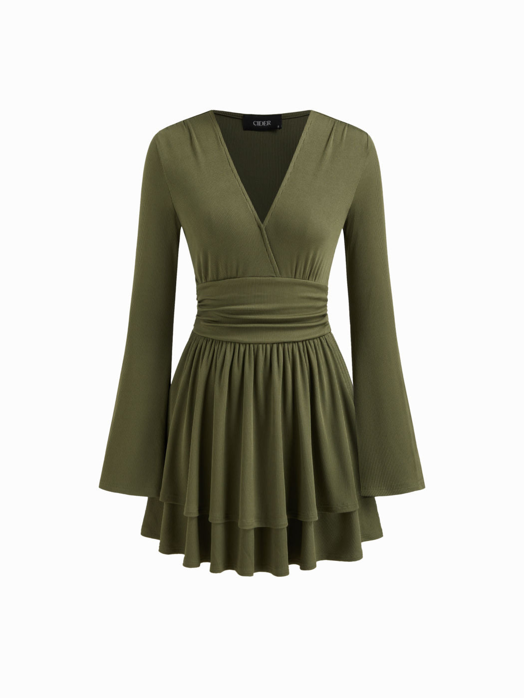 V-neck Ruched Layered Ruffle Hem Mini Dress
