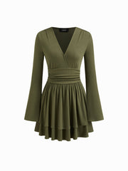 V-neck Ruched Layered Ruffle Hem Mini Dress