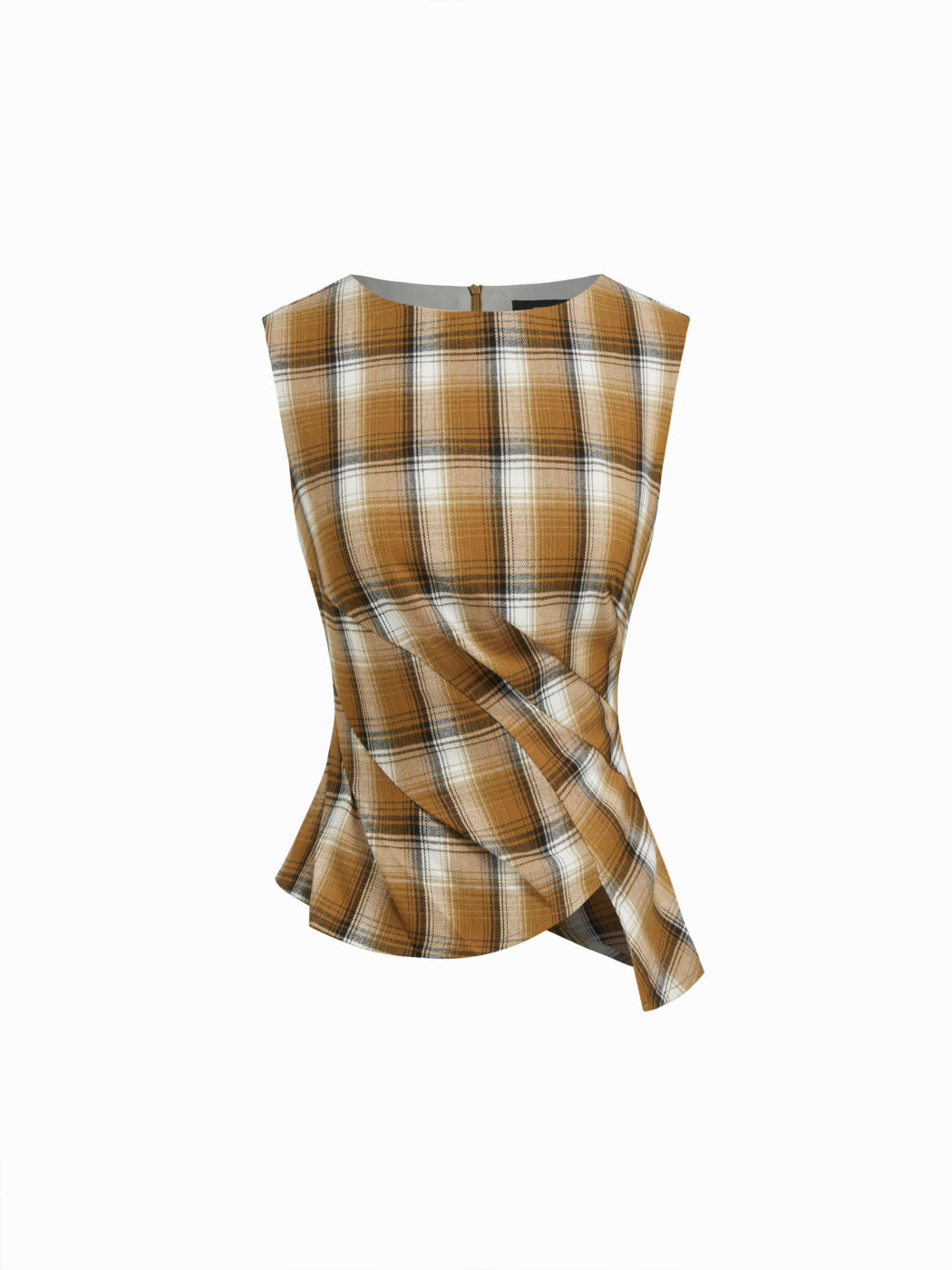 Plaid Boat Neck Asymmetrical Hem Blouse
