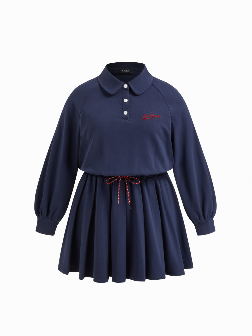 Cotton-blend Collar Slow Racing Embroidery Knotted Pleated Mini Dress Curve & Plus