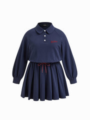 Cotton-blend Collar Slow Racing Embroidery Knotted Pleated Mini Dress Curve & Plus