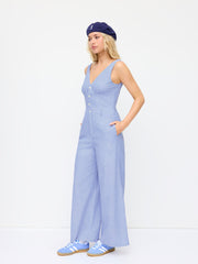 Cotton-blend Stripe V-neck Wide Leg Jumpsuit