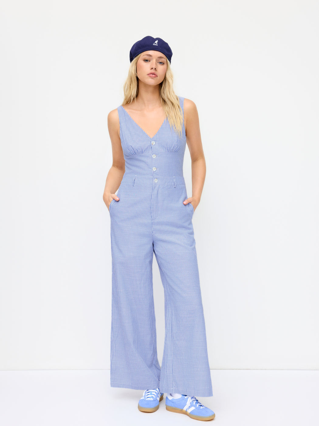 Cotton-blend Stripe V-neck Wide Leg Jumpsuit