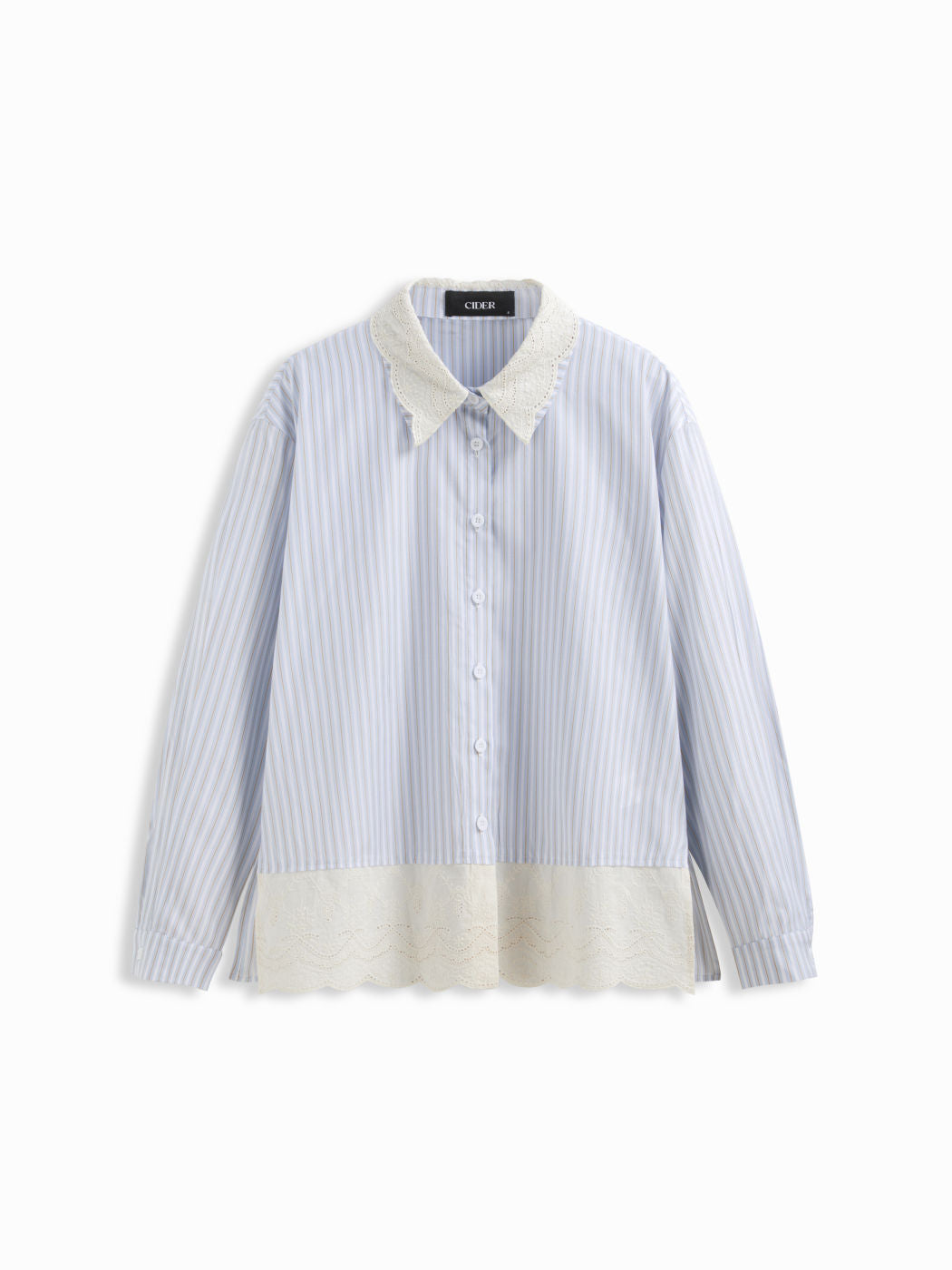 Cotton-blend Striped Collar Contrasting Lace Split Side Oversized Shirt
