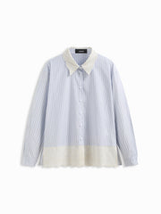 Cotton-blend Striped Collar Contrasting Lace Split Side Oversized Shirt